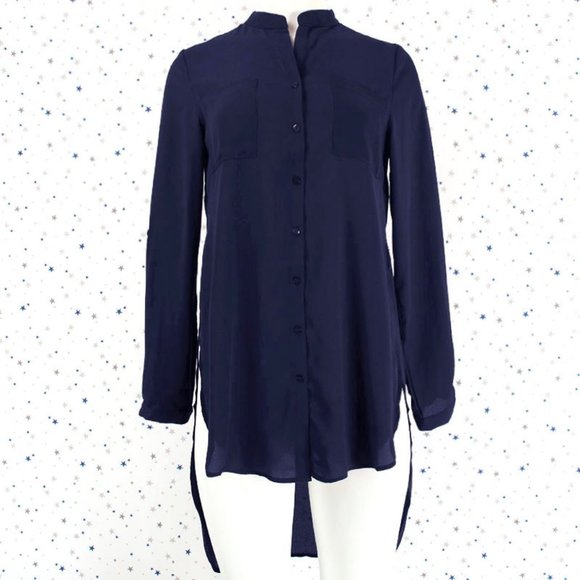 Woven Chiffon Button Up Hi Lo Blouse Shirt Navy - Picture 3 of 8